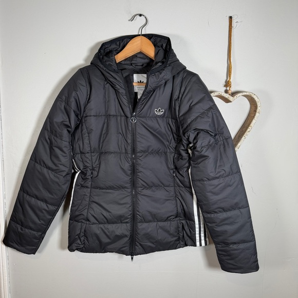 adidas Jackets & Blazers - Adidas Originals Womens Slim Puffer Hooded  3-Stripes Jacket GD2507 MEDIUM Black